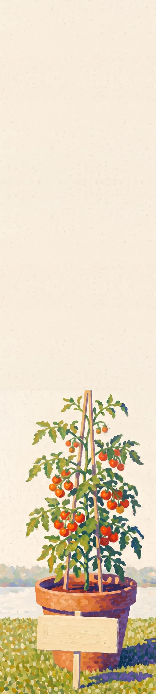 Painting of a tomato plant on a cane frame, in a terracotta pot by a river.