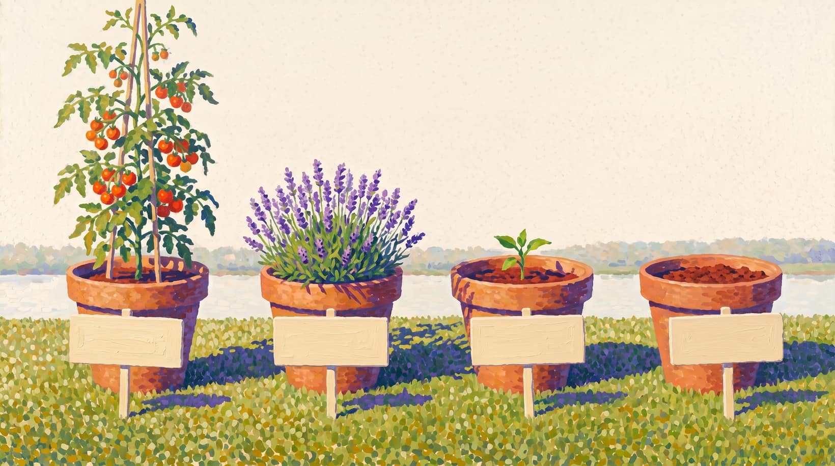 A painting in small dabs of colour: four terracotta pots on a lawn by a river. One holds a tomato plant, one lavender, one a small seedling, and the last one is empty. Each pot has a wooden sign.