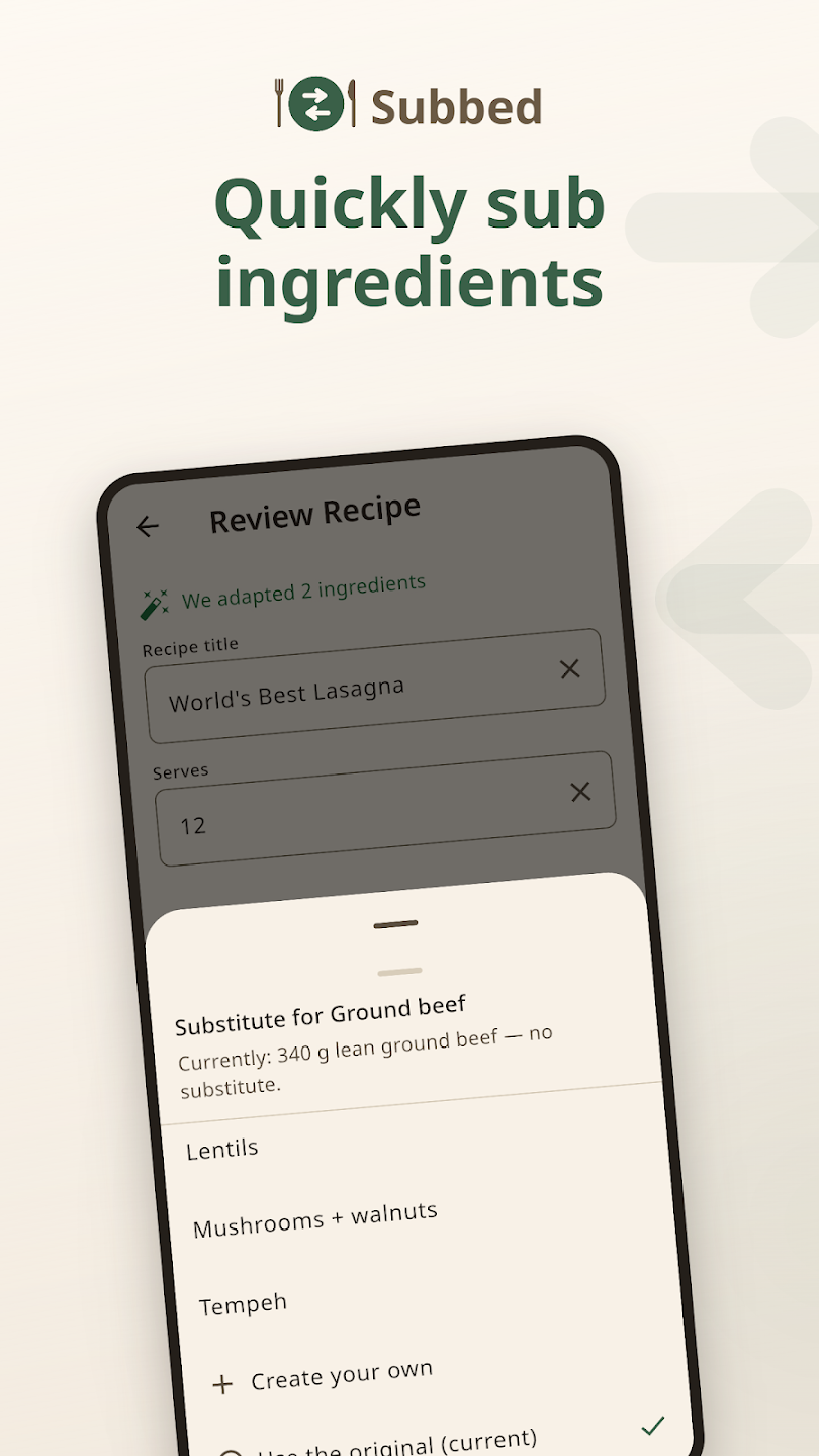 Subbed's Review Recipe screen: choosing a substitute for ground beef from options like lentils, mushrooms and walnuts, or tempeh.