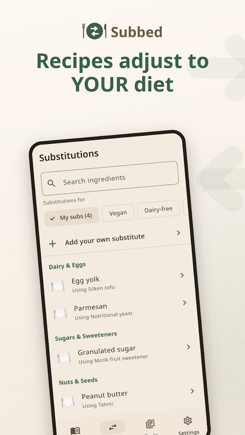 Subbed's Substitutions screen: saved swaps such as egg yolk to silken tofu and parmesan to nutritional yeast, grouped by category.